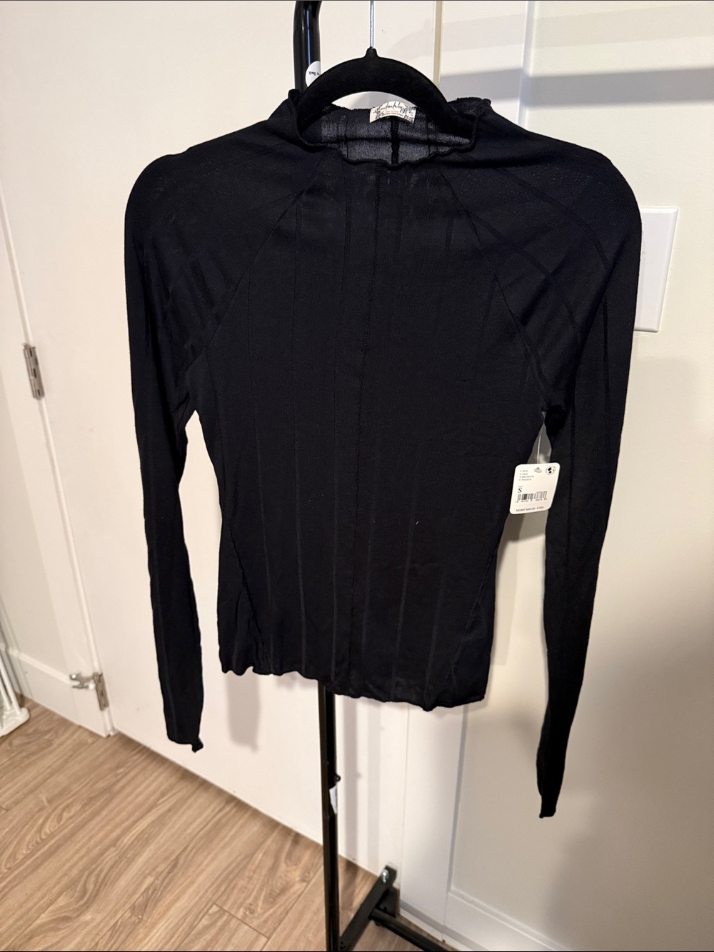 Free People Black Ribbed Funnel Neck Long Sleeve Top